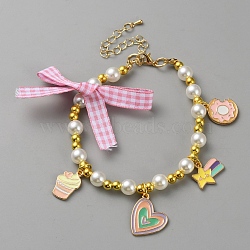 Heart & Star & Donut Alloy Charm Bracelets, with Plastic Pearl & Polyester Bowkont, Colorful, 9 inch(22.9cm)(BJEW-WH0026-08G)
