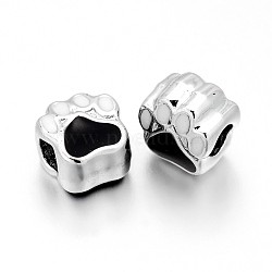 Nickel Free & Lead Free Silver Color Plated Alloy Enamel European Beads, Large Hole Beads, Dog Paw Print, Black & White, 11x10x7mm, Hole: 4.5mm(ENAM-J061-08S-FF)