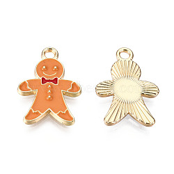 Alloy Enamel Pendants, for Christmas, Light Gold, Gingerbread Man, Dark Orange, 20.5x14x2mm, Hole: 2mm(X-ENAM-T009-42B)