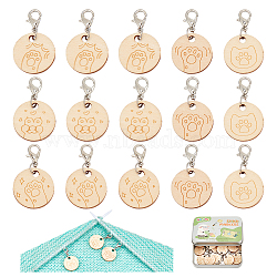 Wood Flat Round with Paw Print Pendant Locking Stitch Markers, Crochet Lobster Clasp Charms, Old Lace, 3.3cm, 15pcs/set(HJEW-NB00118)