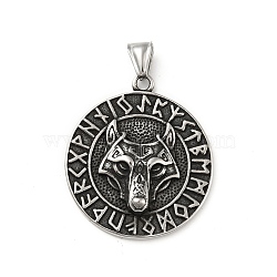304 Stainless Steel Norse Valknut Rune Pendant, Flat Round with Wolf, Antique Silver, 42.5x37x6.5mm, Hole: 7x4mm(STAS-P309-11AS)