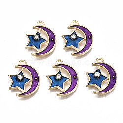 Alloy Enamel Pendants, with Crystal Rhinestone with Glitter Powder, Cadmium Free & Lead Free, Purple Moon with Blue Star, Light Gold, Colorful, 18x14x2mm, Hole: 1.6mm(ENAM-S126-007-RS)