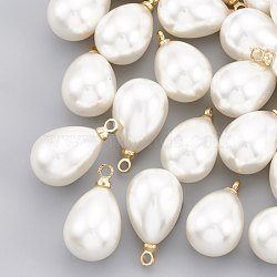 ABS Plastic Imitation Pearl Pendants, with Brass Findings, teardrop, Real 18K Gold Plated, 13x8x8mm, Hole: 1.6mm(X-KK-T035-63)