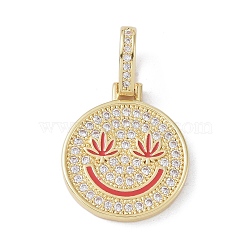 Brass Micro Pave Cubic Zirconia Pendants, Enamel Style, Cadmium Free & Lead Free, Flat Round with Smiling Face, Golden, Hot Pink, 21x18x2mm, Hole: 7x4mm(ZIRC-NH0001-01G-01)