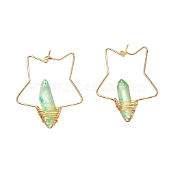 Electroplated Natural Quartz Wire Wrapped Earrings for Girl Women, Golden Star Brass Hoop Earrings, Green, 35x35x6.5mm, Pin: 0.7mm(EJEW-JE04648-02)