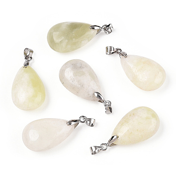 Natural New Jade Pendants, with Alloy Findings, Drop, Platinum, 23~24x14x8mm, Hole: 4x5mm