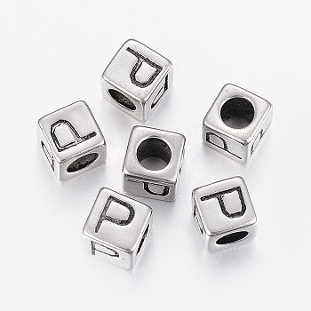 304 Stainless Steel Large Hole Letter European Beads, Cube with Letter.P, Antique Silver, 8x8x8mm, Hole: 5mm