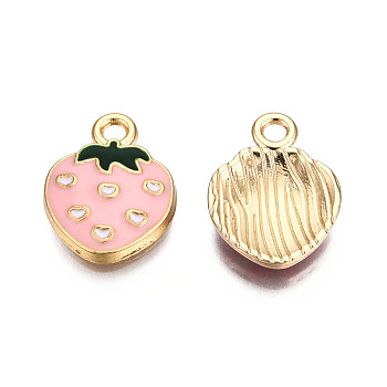 Eco-Friendly Zinc Alloy  Pendants, with Enamel, Strawberry, Cadmium Free & Nickel Free & Lead Free, Golden, Pink, 16.5x12.5x2.5mm, Hole: 2mm