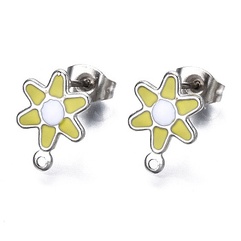 304 Stainless Steel Enamel Stud Earring Findings, with Loop and Ear Nuts/Earring Backs, Flower, Yellow, 12.5x9mm, Hole: 1mm, Pin: 0.8mm
