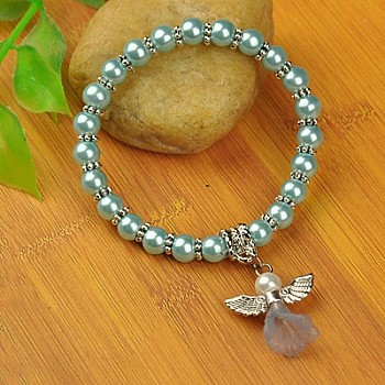 Lovely Wedding Dress Angel Bracelets for Kids, Carnival Stretch Bracelets, with Glass Pearl Beads and Tibetan Style Beads, Cyan, 45mm