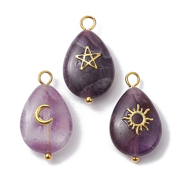 3Pcs 3 Styles Natural Amethyst Pendant, Teardrop Charms with Golden Plated Metal Moon & Sun & Star, 23~23.5x13x6.5~7mm, Hole: 2.4~2.8mm, 1pc/style