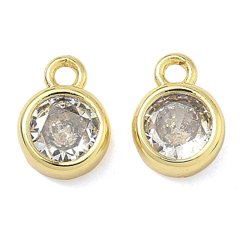 Brass with Clear Cubic Zirconia Pendants, Round Charms, Cadmium Free & Lead Free, Long-Lasting Plated, Rack Plating, Real 18K Gold Plated, 9x6.5x3mm, Hole: 1.4mm