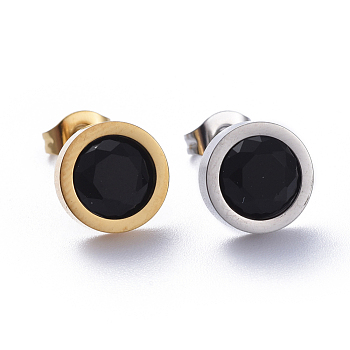 304 Stainless Steel Stud Earrings, with Cubic Zirconia and Ear Nuts, Black, 9.5mm, Pin: 0.6mm, 6pairs/card