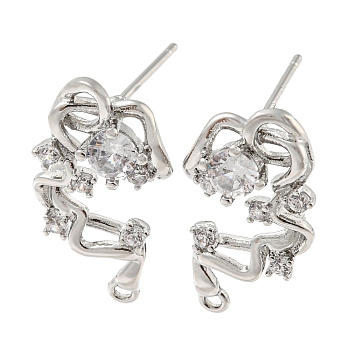 Brass Cubic Zirconia Stud Earring Findings, Vines, Platinum, 22x13mm, Hole: 1.2mm, Pin: 12.5mm