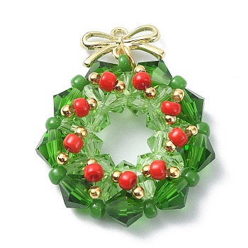 Imitation Austrian Glass Beaded Pendants, with Nylon Wire & Brass Loops, Christmas Wreath Charms, Lime Green, 32.5x26x7mm, Hole: 1.2mm