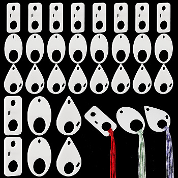 Elite 30Pcs 3 Style Acrylic Thread Winding Boards, Floss Bobbin, Thread Organizer Card for Cross-Stitch, Rectangle & Oval & Teardrop Shape, White, 49.5x24.5~34.5x3mm, Hole: 5~20mm, 10pcs/style