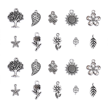 100 pcs 10 Style Tibetan Style Alloy Pendants, Cadmium Free & Lead Free, Flower & Leaf & Tree & Clover, Antique Silver, 10~22x8~17x1~3mm, Hole: 1~2.5mm, 10pcs/style