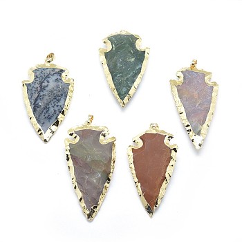 Natural Indian Agate Pendants, with Brass Findings, Arrowhead, Golden, 57~66x30~35x9~10mm, Hole: 5x8mm