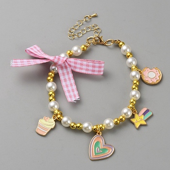 Heart & Star & Donut Alloy Charm Bracelets, with Plastic Pearl & Polyester Bowkont, Colorful, 9 inch(22.9cm)