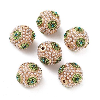 Golden Plated Alloy Rhinestone Beads, with ABS Imitation Pearl, Round, Peridot, 15x14mm, Hole: 1.6mm
