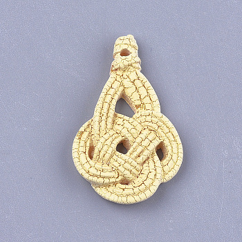 Resin Pendants, Imitation Woven Rattan Pattern, Chinese Knot Style, Teardrop, Yellow, 32.5x20x4mm, Hole: 1.6mm