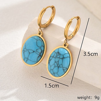 Elegant Vintage Style Stainless Steel & Synthetic Turquoise Oval Hoop Earrings, Golden, 35x15mm