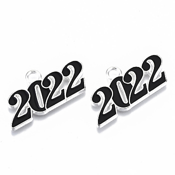 Alloy Enamel Pendants, Cadmium Free & Lead Free, New Year 2022, Silver, Black, 19x38x2mm, Hole: 4mm