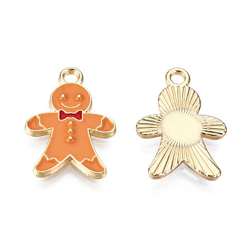 Alloy Enamel Pendants, for Christmas, Light Gold, Gingerbread Man, Dark Orange, 20.5x14x2mm, Hole: 2mm