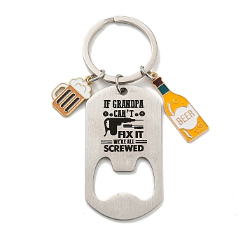 Father's Day 201 Stainless Steel Bottle Opener Keychains, with Iron Rings and Beer Alloy Enamel Pendant, Stainless Steel Color, 8.5cm