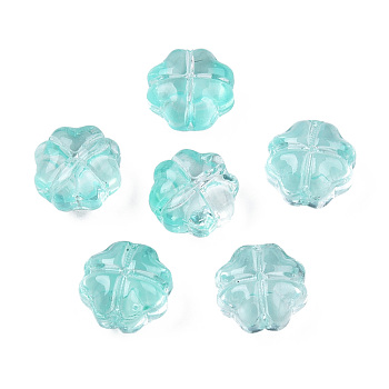 Transparent Spray Painted Glass Beads, Clover, Turquoise, 11.5x11.5x7.5mm, Hole: 1mm