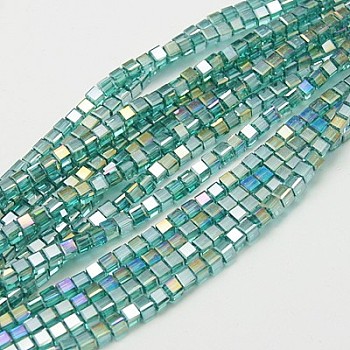 Electroplate Glass Beads Strands, AB Color Plated, Faceted, Cube, Turquoise, 7~8x7~8x7~8mm, Hole: 1.5mm, about 97~100pcs/strand, 70~71cm