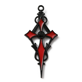 Jet Rhinestone Cross Pendatn with Red Enamel, Alloy Pendant, Electrophoresis Black, 47.5x21.5x4mm, Hole: 1.8mm