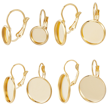 304 Stainless Steel Hoop Earring Findings, Flat Round Earring Settings, Real 18K Gold Plated, 20 Gauge, Tray: 8~20mm, 19~32x10~22mm, Pin: 0.8mm, 6pcs/size, 4 Size, 24Pcs/box