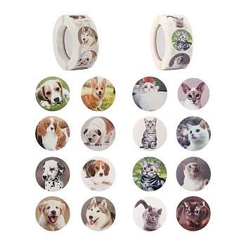 4 Rolls 2 Style Cat & Pet Dog Pattern Self-Adhesive Kraft Paper Stickers, Flat Round Adhesive Labels Roll Stickers, Gift Tag, Mixed Color, 25mm, about 500pcs/roll, 2 rolls/style