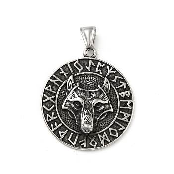 304 Stainless Steel Norse Valknut Rune Pendant, Flat Round with Wolf, Antique Silver, 42.5x37x6.5mm, Hole: 7x4mm
