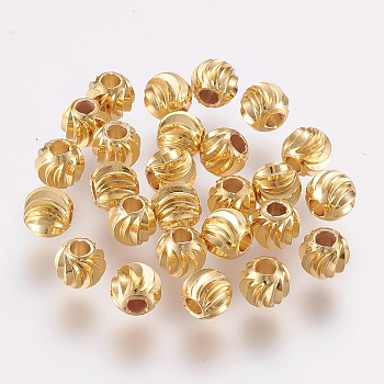 Brass Beads, Long-Lasting Plated, Round with Corrugated, Golden, 8x7mm, Hole: 2mm