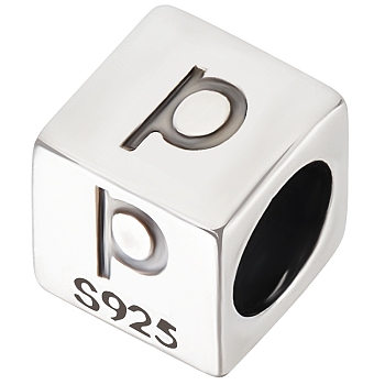 Sterling Silver Beads, Cube, European Bead, Letter P, 6x6x6mm, Hole: 4.5mm