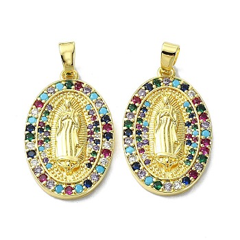 Rack Plating Brass Micro Pave Cubic Zirconia Pendants, Real 18K Gold Plated, Long-Lasting Plated, Lead Free & Cadmium Free, Oval with Human, Colorful, 28.5x17.5x3mm, Hole: 5.5x3mm