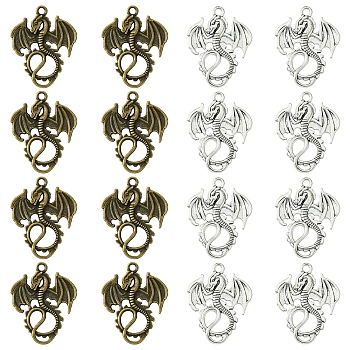 30Pcs 2 Colors Tibetan Style Alloy Pendants, Dragon, Cadmium Free & Lead Free, Antique Bronze & Antique Silver, 34.5x27.5x2mm, Hole: 2.5mm, 15pcs/color