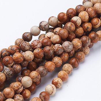 Gemstone Beads Strands, Natural Picture Jasper, Round, about 6mm in diameter, hole: about 0.8mm, 15~16 inch