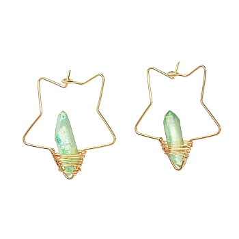 Electroplated Natural Quartz Wire Wrapped Earrings for Girl Women, Golden Star Brass Hoop Earrings, Green, 35x35x6.5mm, Pin: 0.7mm