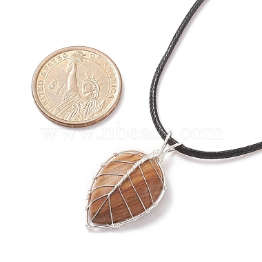 Natural Picture Jasper Leaf Cage Pendant Necklace with Waxed Cords(NJEW-TA00035-04)-7
