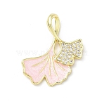 Brass Micro Pave Cubic Zirconia with Enamel Pendants, Gingko Leaf, Real 18K Gold Plated, Pink, 25x23.5x2.5mm, Hole: 3.3x5.8mm(KK-Z134-14G-01)
