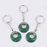 Synthetic Malachite Keychain, with Platinum Plated Iron Key Rings and Brass Findings, Flat Round, 84mm(KEYC-P041-D07)