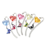 Alloy Hook Bookmarks, Alloy Enamel Butterfly Pendant Bookmark with Acrylic Heart, Mixed Color, 83x14x1.5mm(AJEW-JK00252)