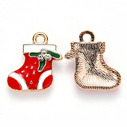 Alloy Enamel Pendants, with Crystal Rhinestone, for Christmas, Christmas Sock, Light Gold, Red, 18x17x3mm, Hole: 2mm(ENAM-S121-010)