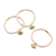 Brass Enamel Charm Bracelets, with Natural Pearl Beads, Glass Beads and Brass Screw Clasps, Eye, Golden, Mixed Color, 19.5cm(7-5/8 inch)(BJEW-JB05381-M)