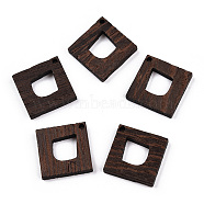 Natural Wenge Wood Pendants, Undyed, Rhombus Charms with Hollow Teardrop, Coconut Brown, 27.5x27.5x3.5mm, Hole: 2mm, Side Length: 20mm(WOOD-T023-43)