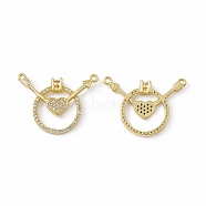 Brass Micro Pave Clear Cubic Zirconia 2-Loop Pendants, Ring with Heart & Arrow Charm, Real 18K Gold Plated, 21x26x2mm, Hole: 1mm(KK-E068-VC023)