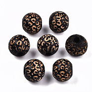 Painted Natural Wood Beads, Laser Engraved Pattern, Round with Leopard Print, Black, 10x8.5mm, Hole: 2.5mm(X-WOOD-T021-53A-01)